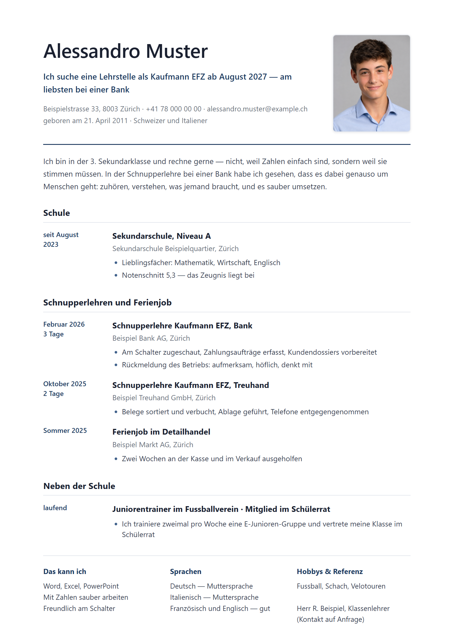 Bewerbungsmappe Alessandro, Kaufmann EFZ Bank