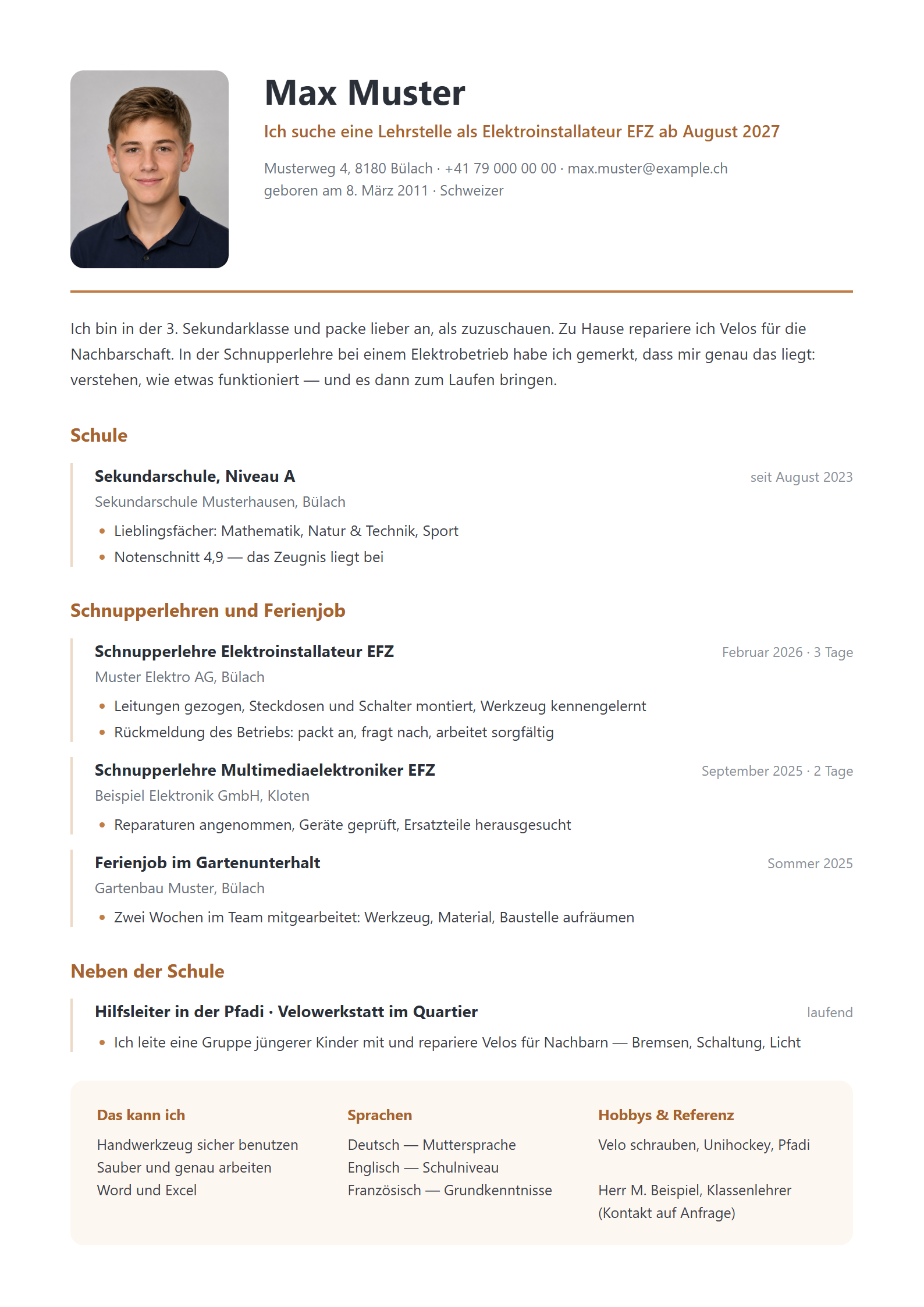 Bewerbungsmappe Max, Elektroinstallateur EFZ